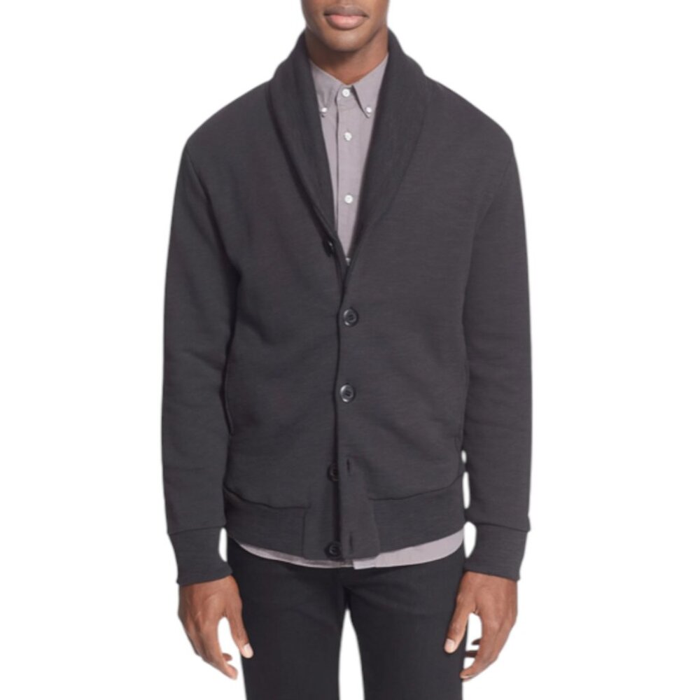 Men's Charcoal Shawl Collar Button-Up Sweater